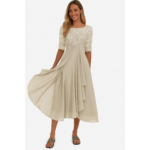 Elegantes Damen Midikleid A-Linie Mit Spitzenoberteil Festlich