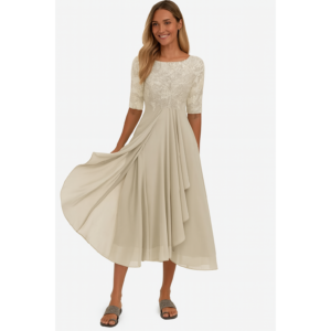 Elegantes Damen Midikleid A-Linie Mit Spitzenoberteil Festlich