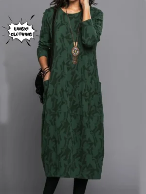 Herbst Damenkleid Langarm Rundhals Print Elegant Große Größen Taschen