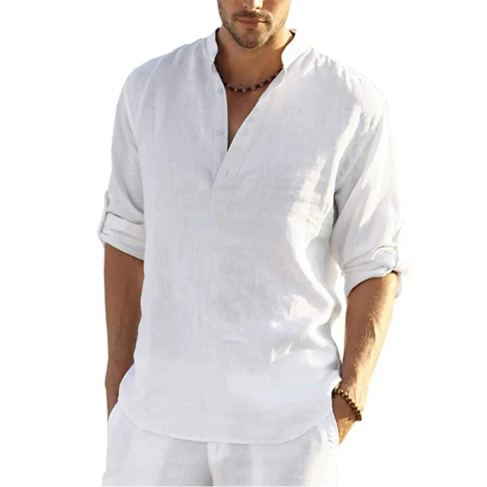 Herren Hemd Baumwolle Leinen Langarm Locker Casual Frühling Herbst – Bild 2