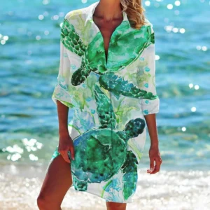 Damen Bluse Strand 3D Print Meerestiere Langarm Mit Taschen