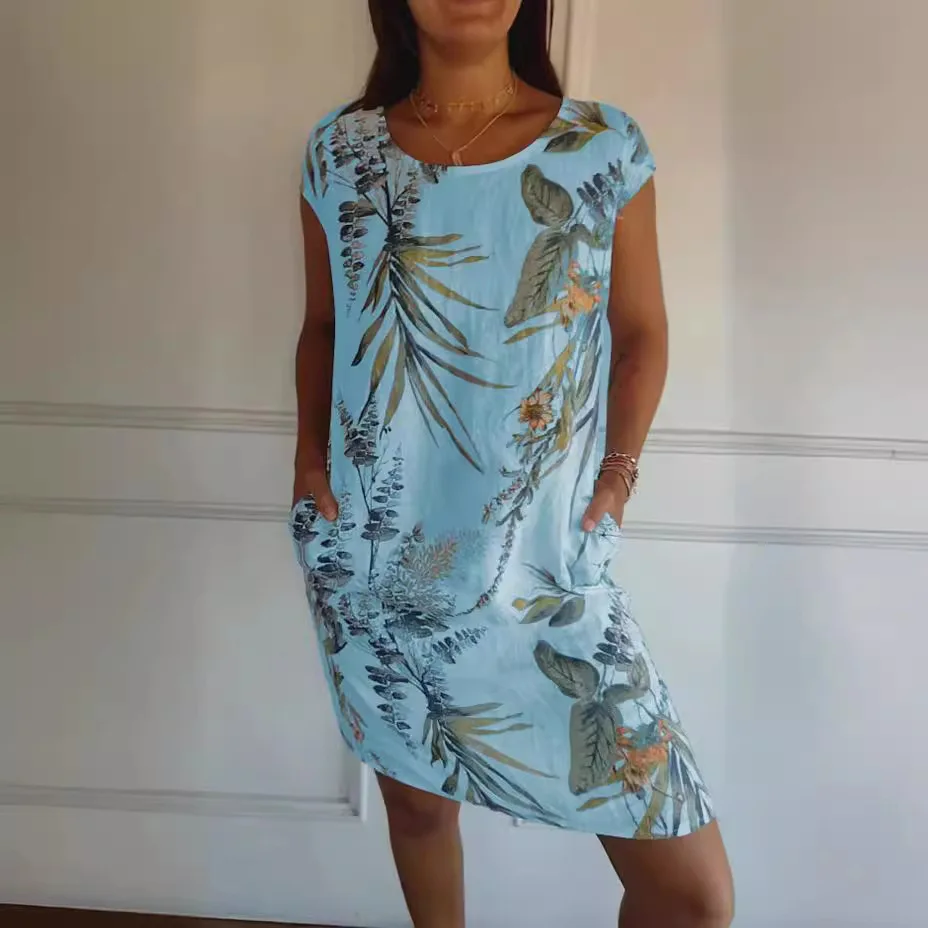 Damen Kleid Baumwolle Leinen Rundhals Kurzarm Taschen Sommer Elegant – Bild 3