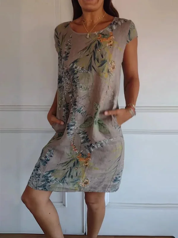 Damen Kleid Baumwolle Leinen Rundhals Kurzarm Taschen Sommer Elegant – Bild 4