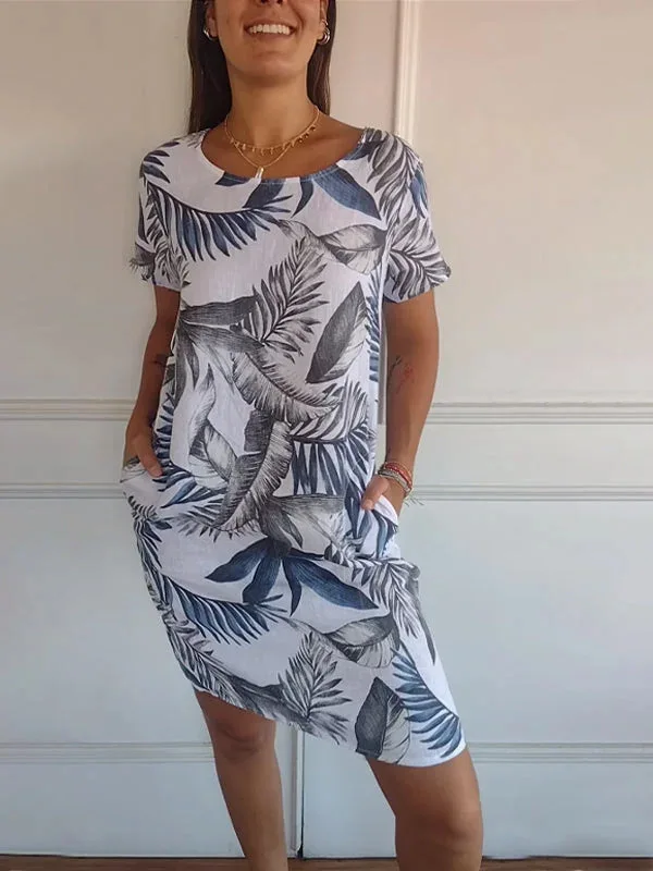 Damen Kleid Baumwolle Leinen Rundhals Kurzarm Taschen Sommer Elegant – Bild 9