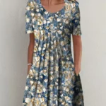Elegantes Damen Sommerkleid Rundhals Kurzarm Bedruckt Weite Rockform