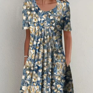 Elegantes Damen Sommerkleid Rundhals Kurzarm Bedruckt Weite Rockform