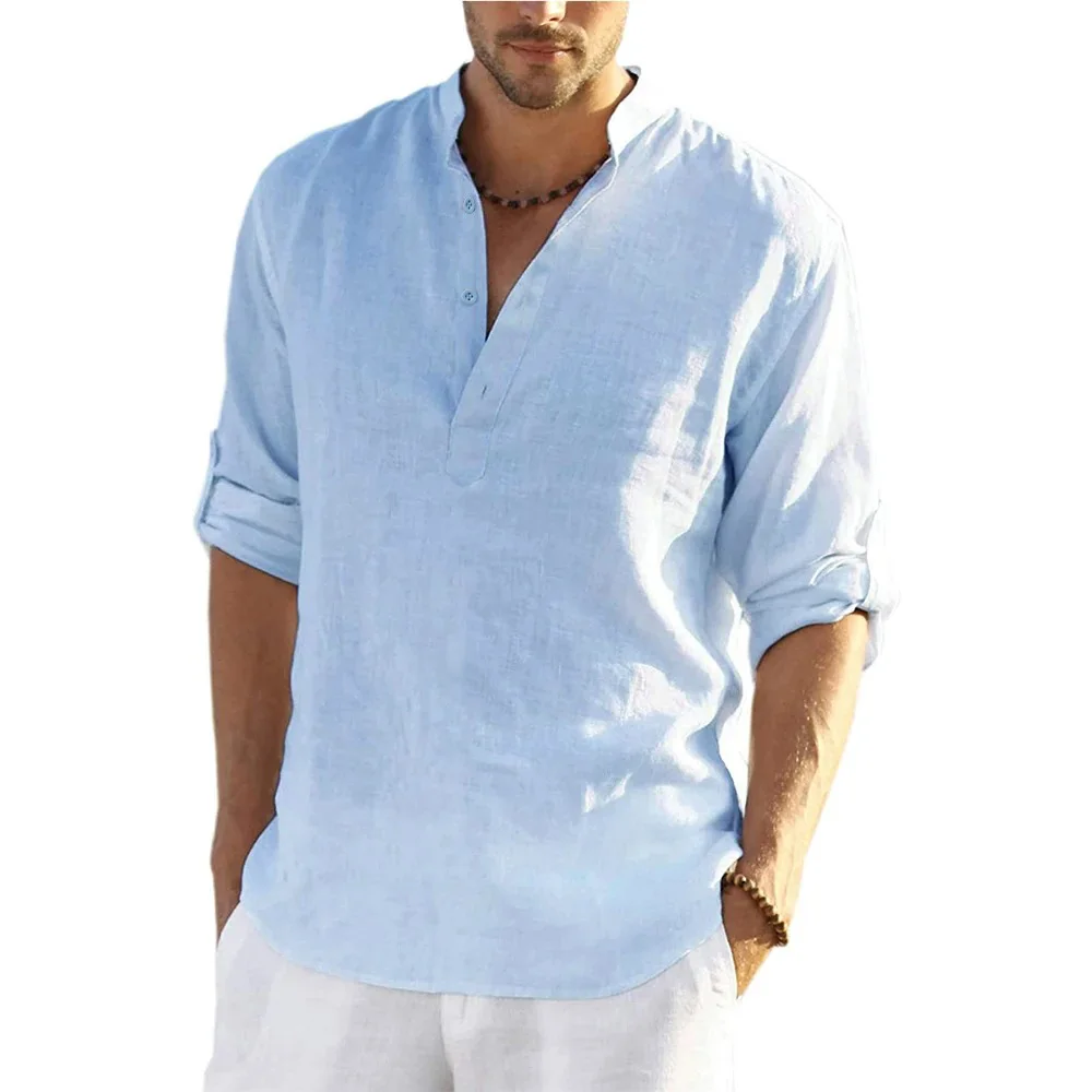 Herren Hemd Baumwolle Leinen Langarm Locker Casual Frühling Herbst – Bild 3