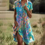 Sommerkleid Damen A-Linie Knie Länge V-Ausschnitt Leicht Stretch