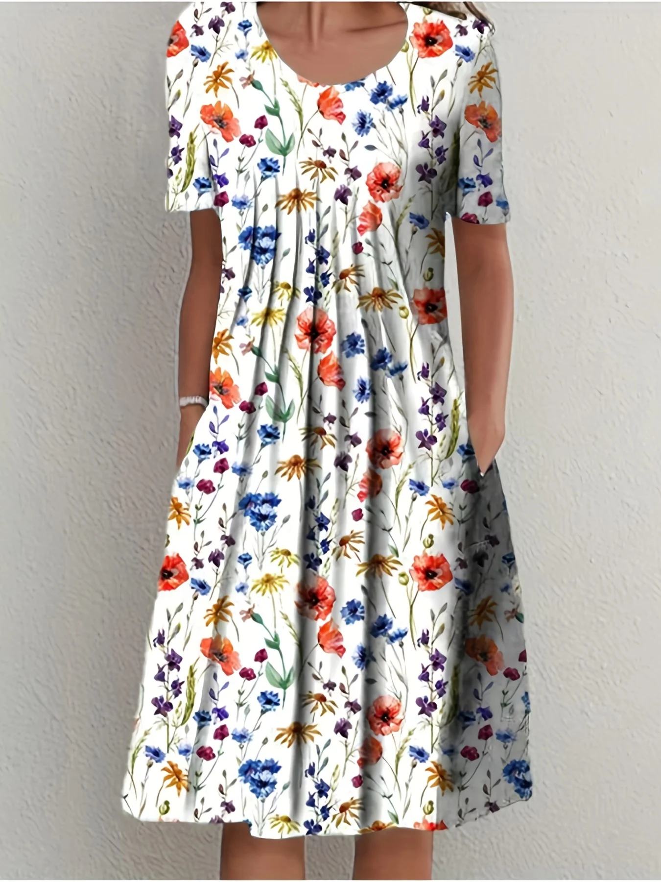Elegantes Damen Sommerkleid Rundhals Kurzarm Bedruckt Weite Rockform – Bild 2
