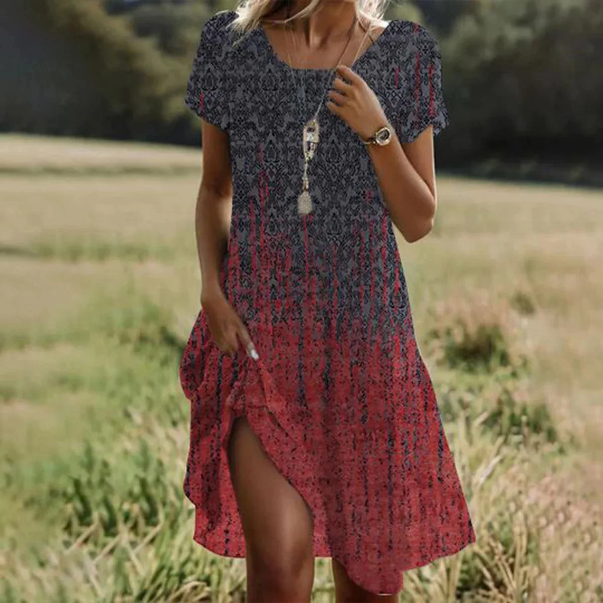 Damen Kleid Kurzarm O-Ausschnitt Sommer Bedruckt Strand Urlaub – Bild 2