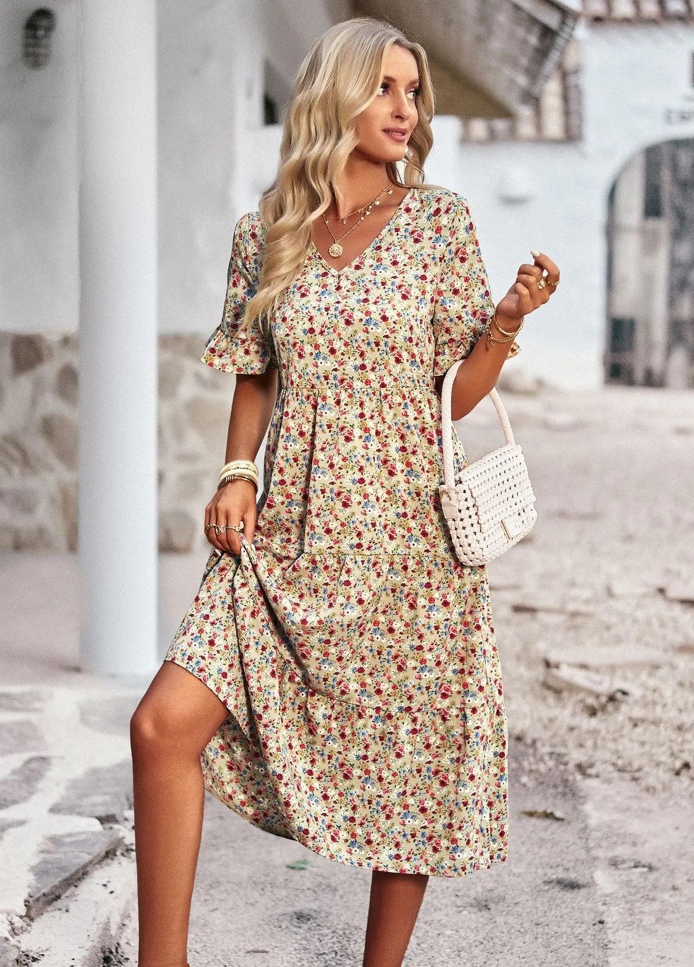 Damen Sommerkleid V-Ausschnitt Blumen A-Linie Kurzarm Elegant – Bild 7