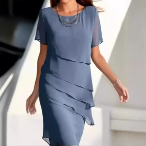 Damen Sommerkleid Chiffon Rundhals Kurzarm Patchwork Elegant Leicht