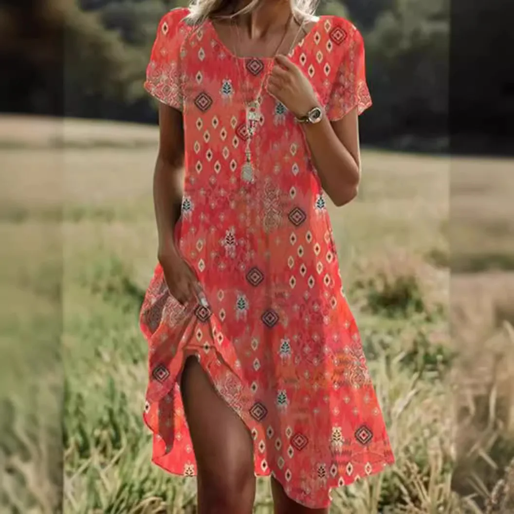 Damen Kleid Kurzarm O-Ausschnitt Sommer Bedruckt Strand Urlaub