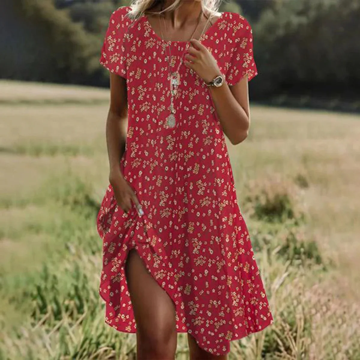 Damen Kleid Kurzarm O-Ausschnitt Sommer Bedruckt Strand Urlaub – Bild 4