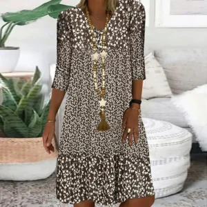 Damen Sommerkleid V-Ausschnitt Locker Blumen Rüschen Vintage