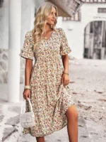 Damen Sommerkleid V-Ausschnitt Blumen A-Linie Kurzarm Elegant