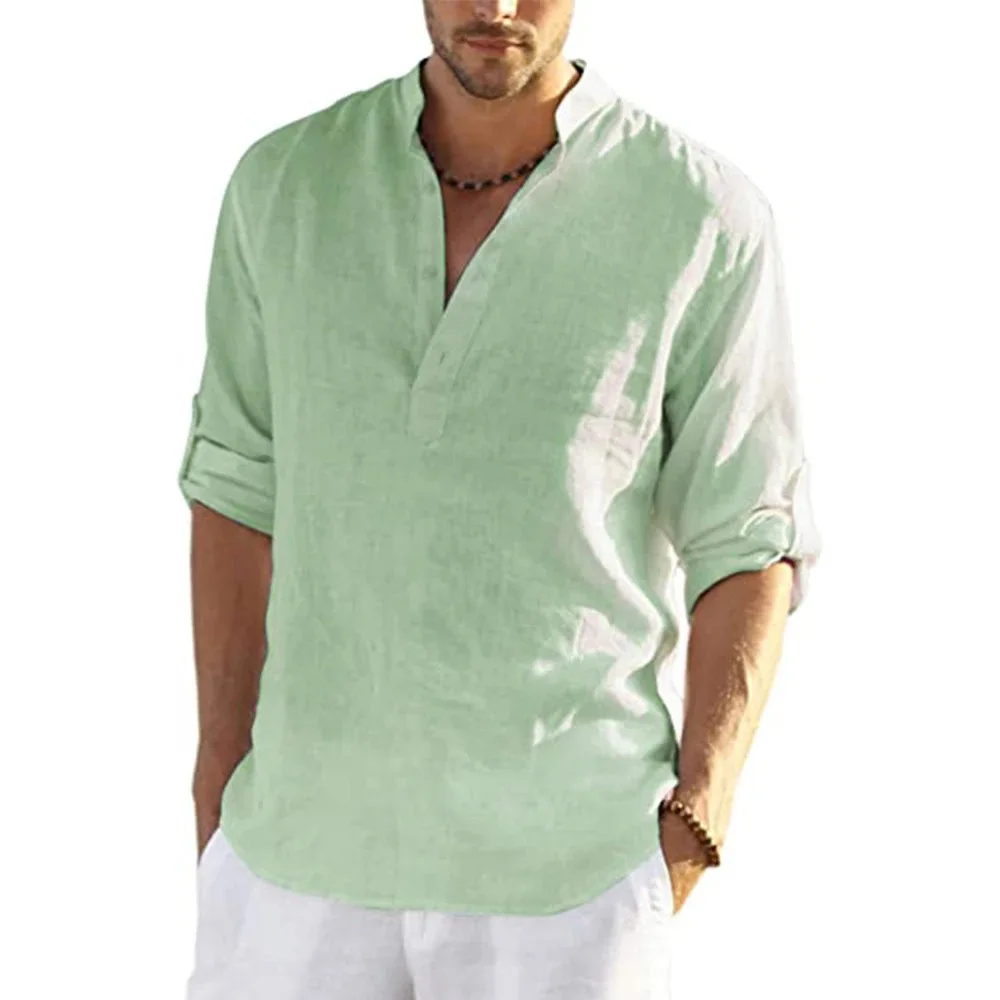 Herren Hemd Baumwolle Leinen Langarm Locker Casual Frühling Herbst – Bild 4
