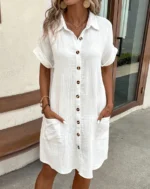 Damen Sommerkleid V-Ausschnitt Baumwolle Leinen Dreiviertelarm Mini Vintage