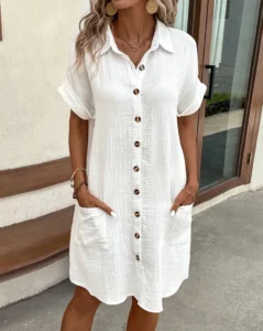 Damen Sommerkleid V-Ausschnitt Baumwolle Leinen Dreiviertelarm Mini Vintage