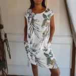 Damen Kleid Baumwolle Leinen Rundhals Kurzarm Taschen Sommer Elegant
