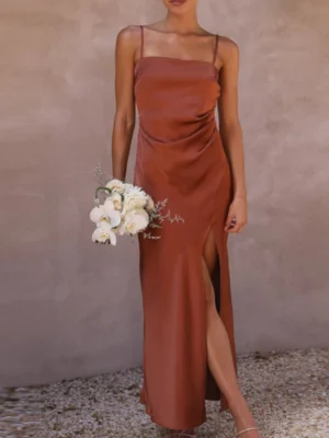Sommer Damen Kleid Träger Rückenfrei Schlitz Elegant Party Urlaub