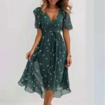 Damen Kleid Knielang V-Ausschnitt Locker Bedruckt Elegant Sommer