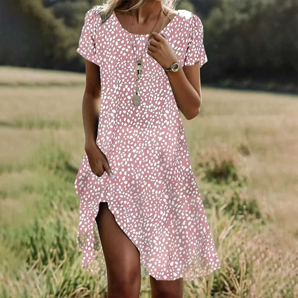 Damen Kleid Kurzarm O-Ausschnitt Sommer Bedruckt Strand Urlaub – Bild 6