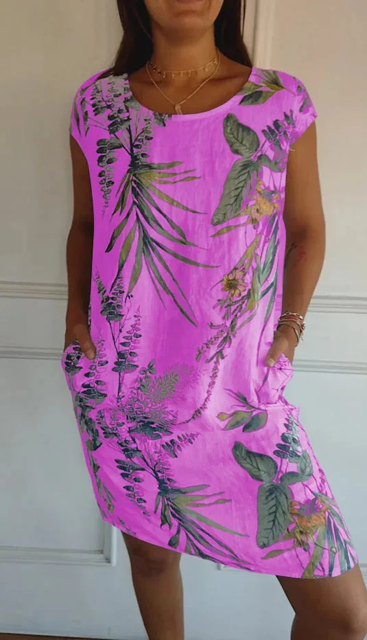 Damen Kleid Baumwolle Leinen Rundhals Kurzarm Taschen Sommer Elegant – Bild 7