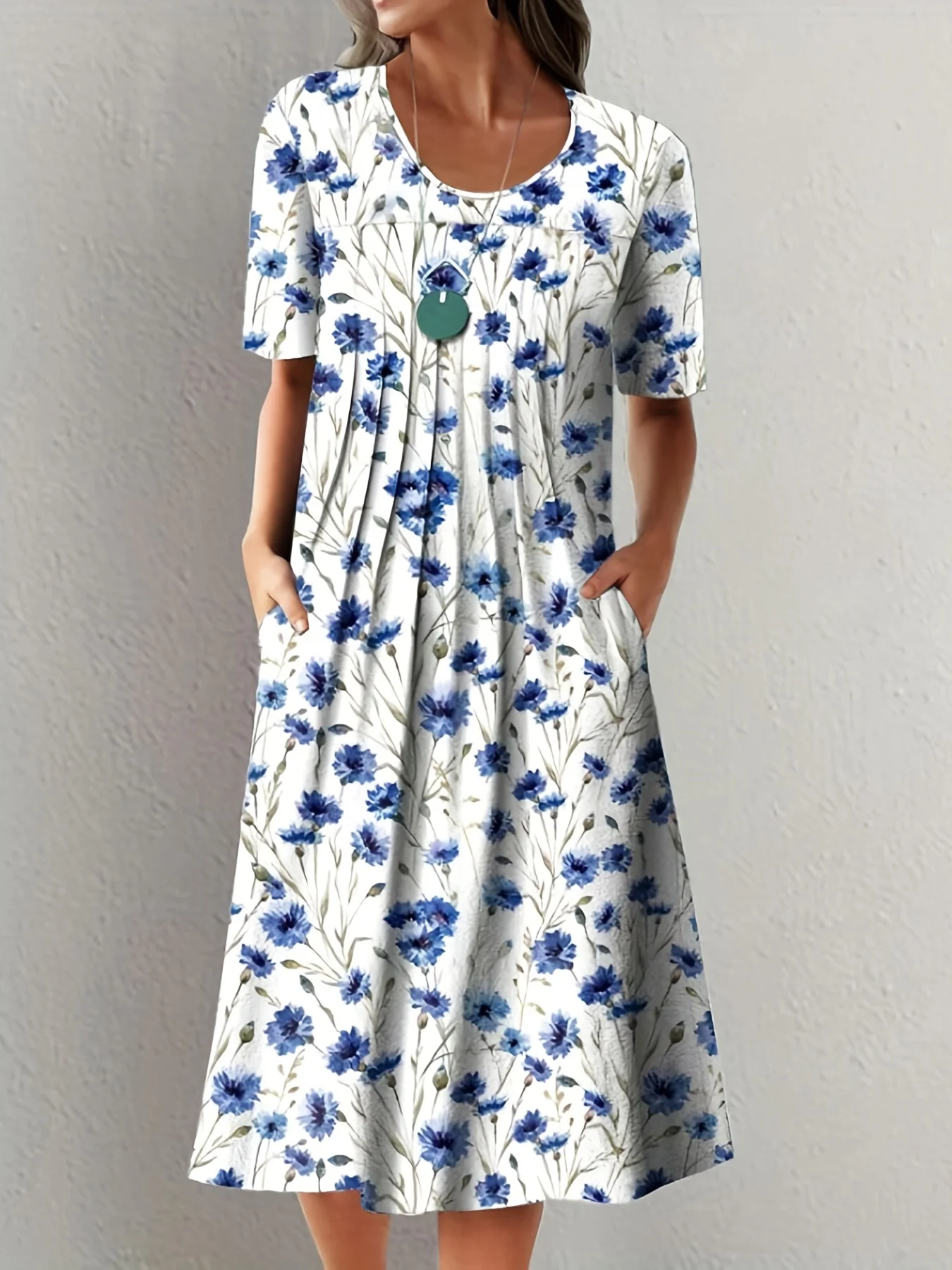 Elegantes Damen Sommerkleid Rundhals Kurzarm Bedruckt Weite Rockform – Bild 4