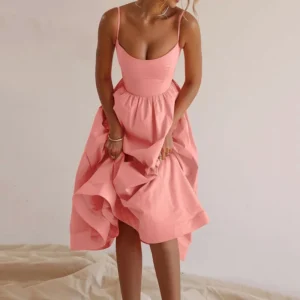 Sommer Damen Kleid Uni U Ausschnitt A Linie Elegant Plissee