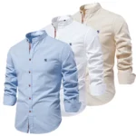Herren Hemd Baumwolle Leinen Langarm Stickerei Solide Farbe Casual