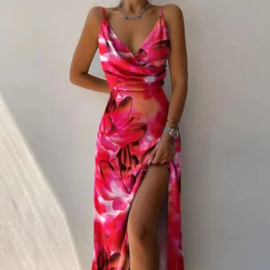 Damen Sommerkleid Träger V-Ausschnitt Schlitz Bedruckt Sexy Party