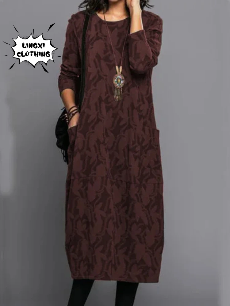 Herbst Damenkleid Langarm Rundhals Print Elegant Große Größen Taschen – Bild 2