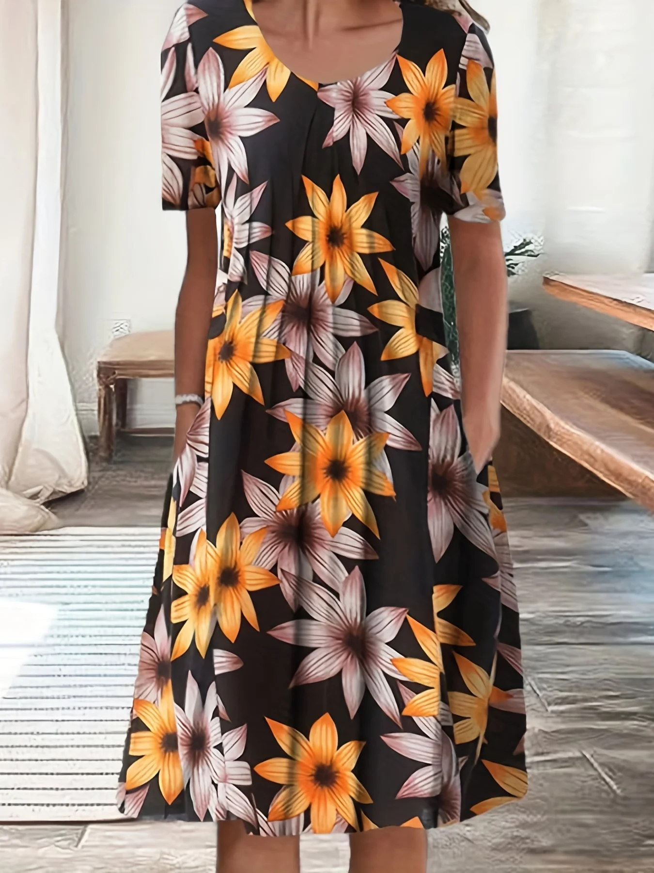 Elegantes Damen Sommerkleid Rundhals Kurzarm Bedruckt Weite Rockform – Bild 9