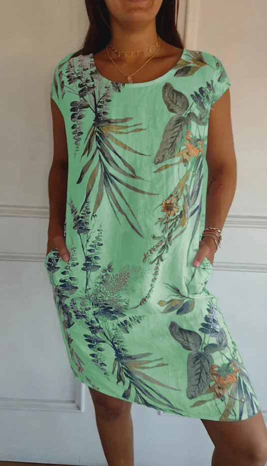 Damen Kleid Baumwolle Leinen Rundhals Kurzarm Taschen Sommer Elegant – Bild 8