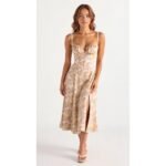 Damen Midikleid Korsett Spaghettiträger Blumenprint Elegant Sommer