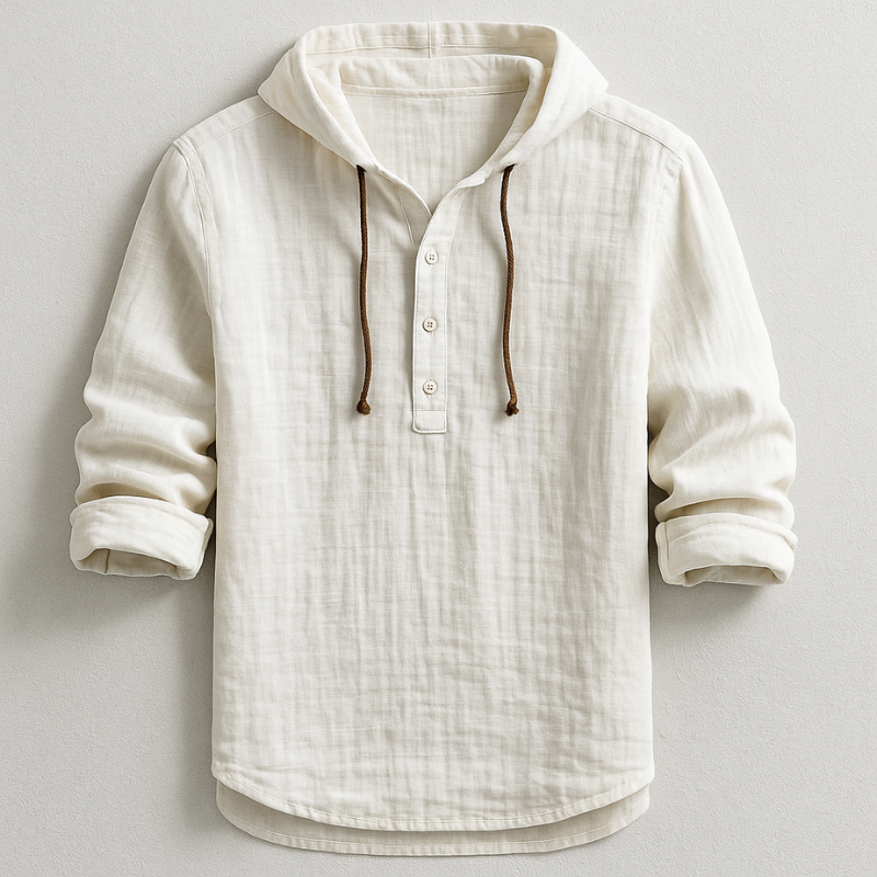 Beige Herren-Hoodie aus Leinen mit Knopfleiste und Kordelzug, lässiger Stil, langärmlig, ideal für Frühling und Herbstmode.