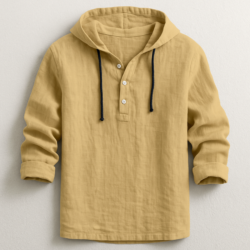 Beige Leinen-Hoodie mit Knopfleiste und schwarzen Kordeln, langärmlig, lässiger Stil. Ideal für Herrenmode, Freizeitkleidung, Herbsttrends.