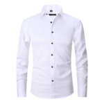 Weiße Herrenhemd mit langen Ärmeln und schwarzen Knöpfen, klassischer Kragen, elegantes Design, ideal für Business und formelle Anlässe.