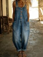 Damen Jumpsuit Weit Geschnitten Denim Lässig