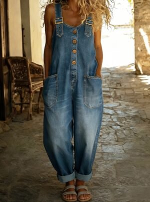 Damen Jumpsuit Weit Geschnitten Denim Lässig