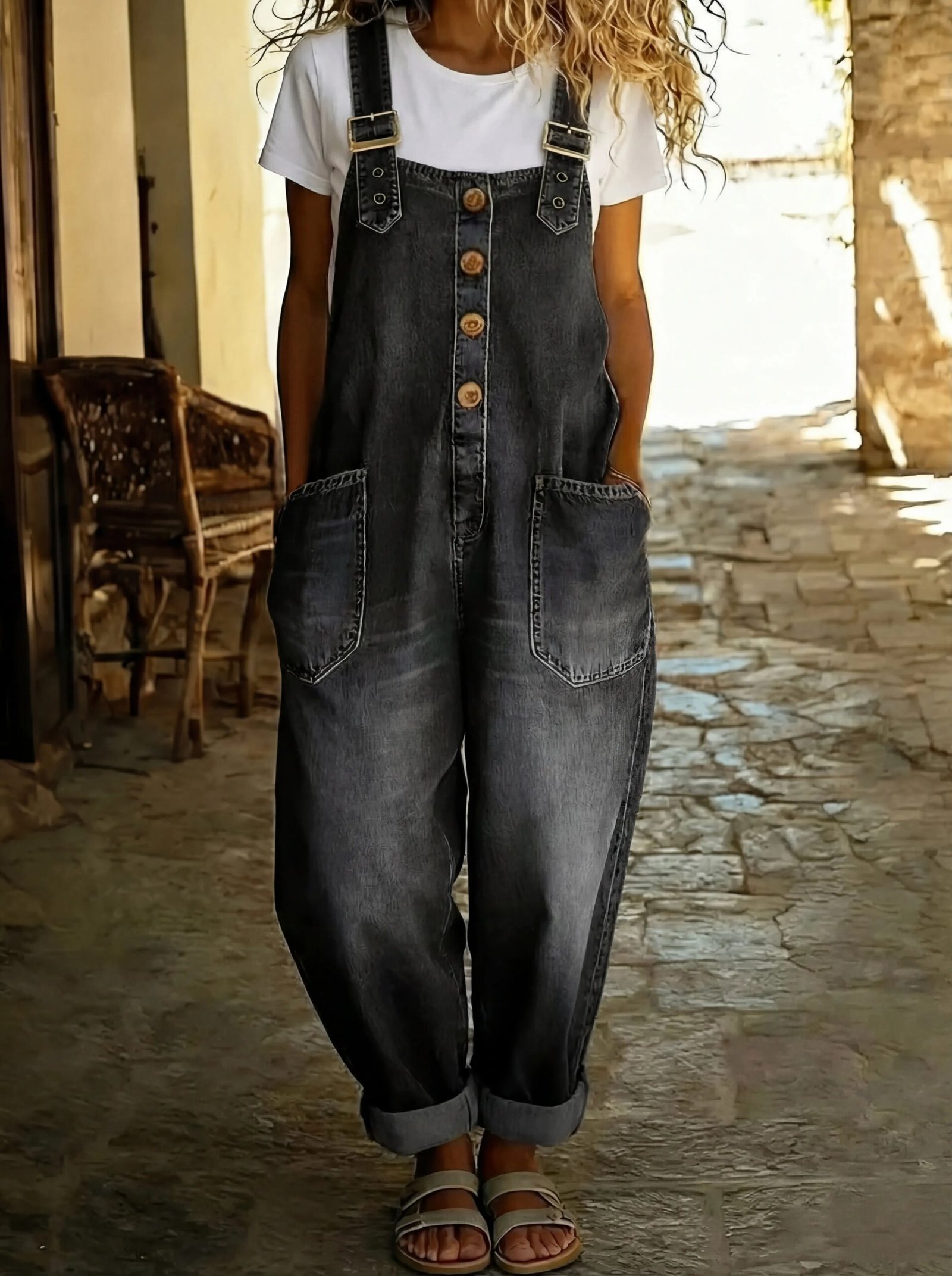 Damen Jumpsuit Weit Geschnitten Denim Lässig – Bild 2