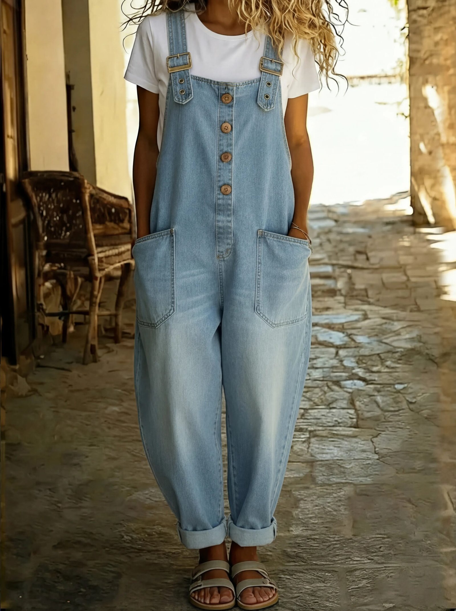 Damen Jumpsuit Weit Geschnitten Denim Lässig – Bild 3
