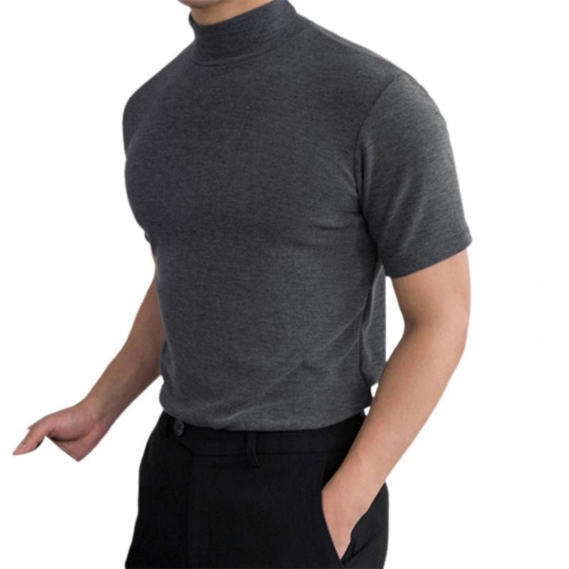 Graues Herren-T-Shirt mit Rollkragen, kurzärmelig, aus Baumwolle, modern und elegant. Ideal für Freizeit- und Business-Looks.
