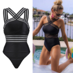 Eleganter Damen Einteiler Badeanzug mit Streifenmuster