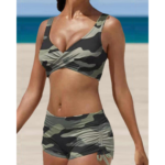Damen Badeanzug Set V-Ausschnitt Wickel-Top Raffhosen-Look