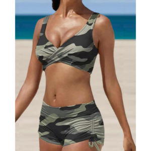 Damen Badeanzug Set V-Ausschnitt Wickel-Top Raffhosen-Look