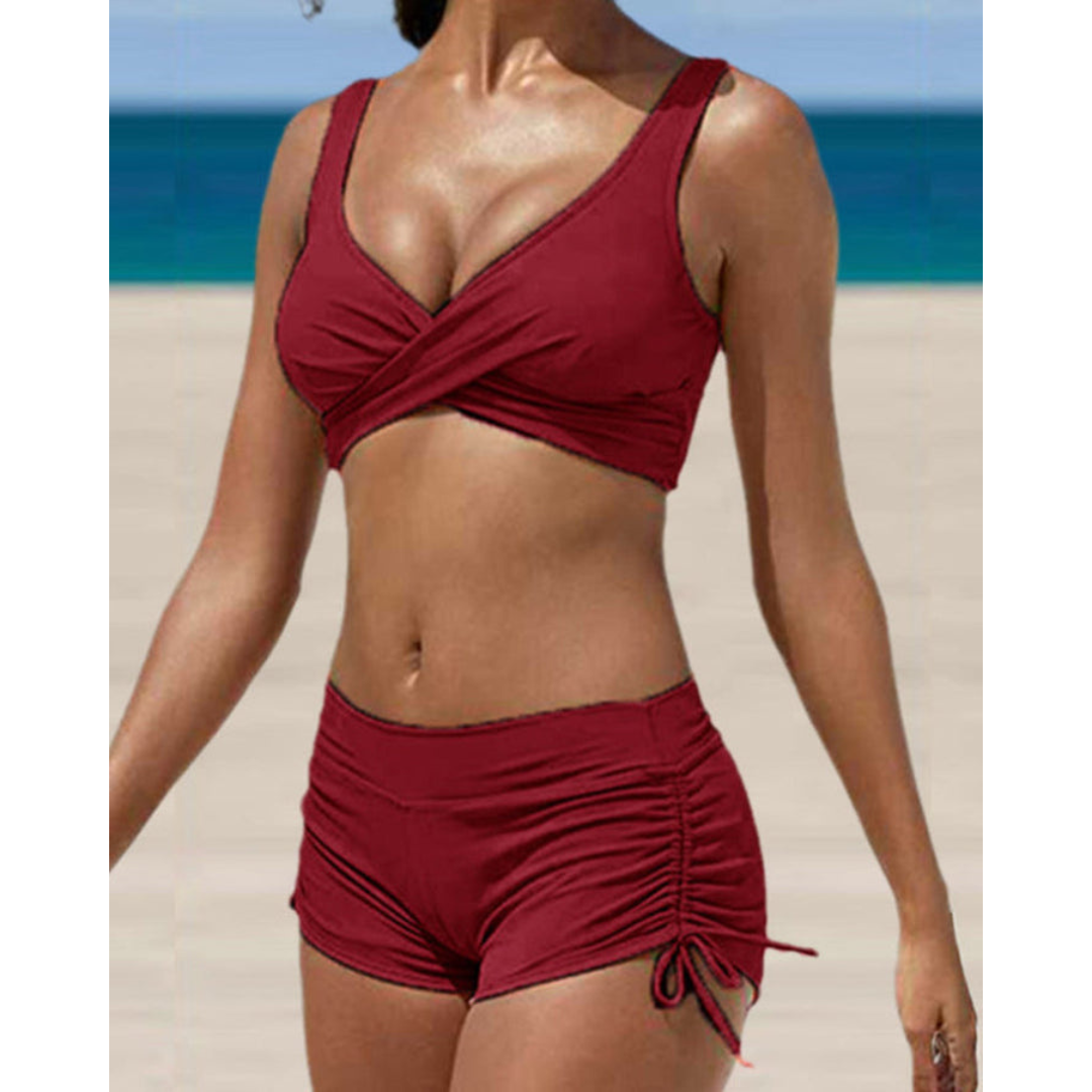 Damen Badeanzug Set V-Ausschnitt Wickel-Top Raffhosen-Look – Bild 4