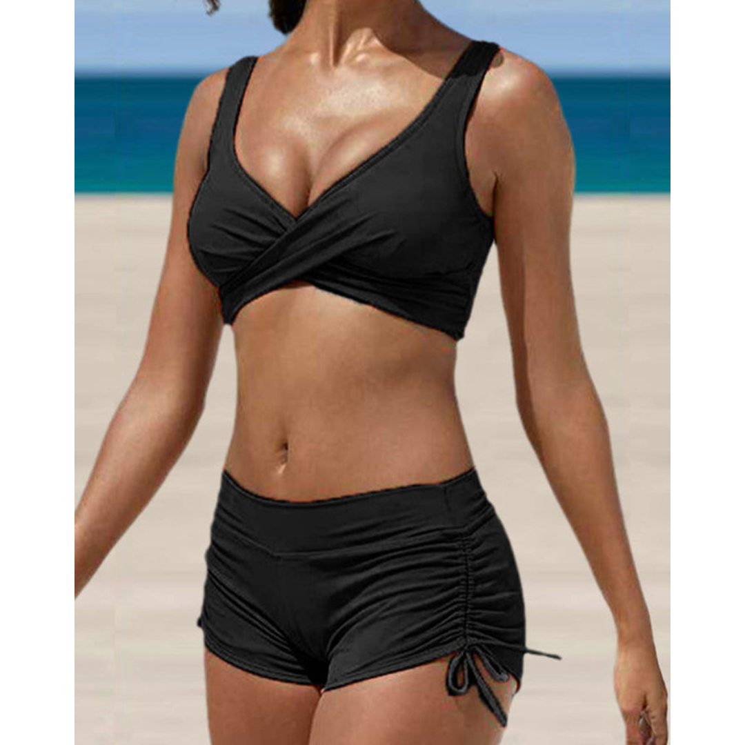 Damen Badeanzug Set V-Ausschnitt Wickel-Top Raffhosen-Look – Bild 3