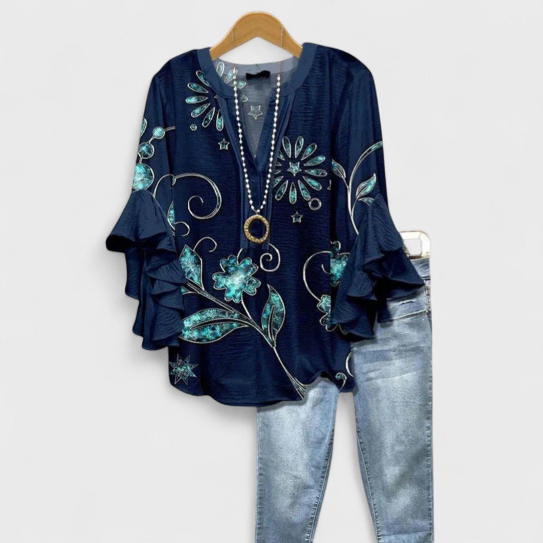 Sommerbluse Damen floral V-Ausschnitt Rüschenärmel – Bild 10